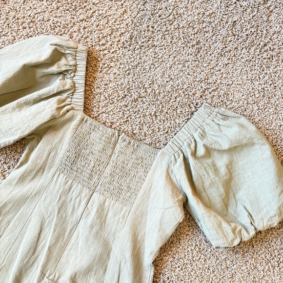 SNDYS Revolve Dress L Olive Tuscany Linen Mini Puff Sleeves Cottagecore Party - Picture 10 of 10